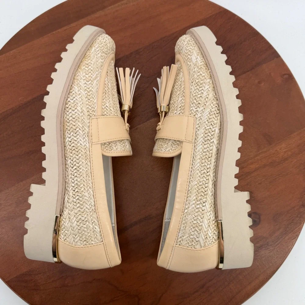 Franco Sarto Carney3 Beige Woven Raffia Tassel Lug Sole Loafers Womens 8M EUR 38